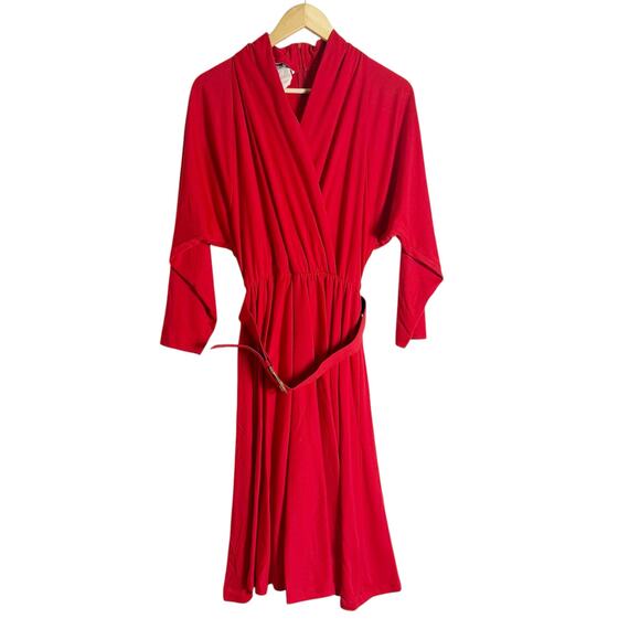 Vintage Red Surplice Faux Wrap Belted Dolman Long Sleeve Midi Dress Size 10 - Picture 1 of 10